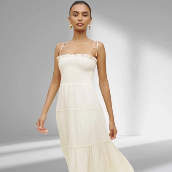 Reformation nera ivory white strapless tiered smocked midi dress 20707 - Picture 3 of 12